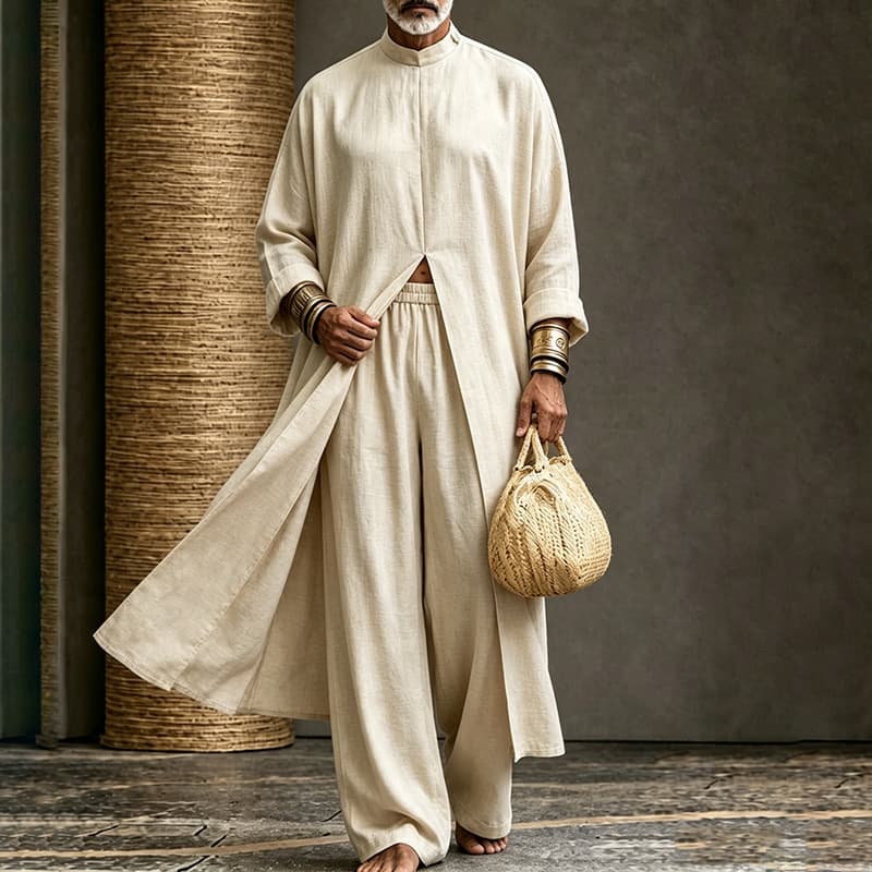 New European and American Amazon Men's Casual Linen-Like Irregular Long-Sleeve and Long-Pants Urban Fashion Loose Set
