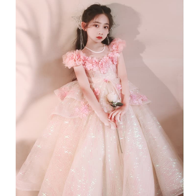 Pink girl host dress princess dress children's high-end light luxury niche flower girl piano performance costume spring