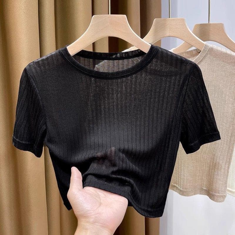 Plus Size Ice Silk Short Sleeve T-Shirt for Women, Summer Thin Layering Top, High Waist Crop Top, Sheer Short Top