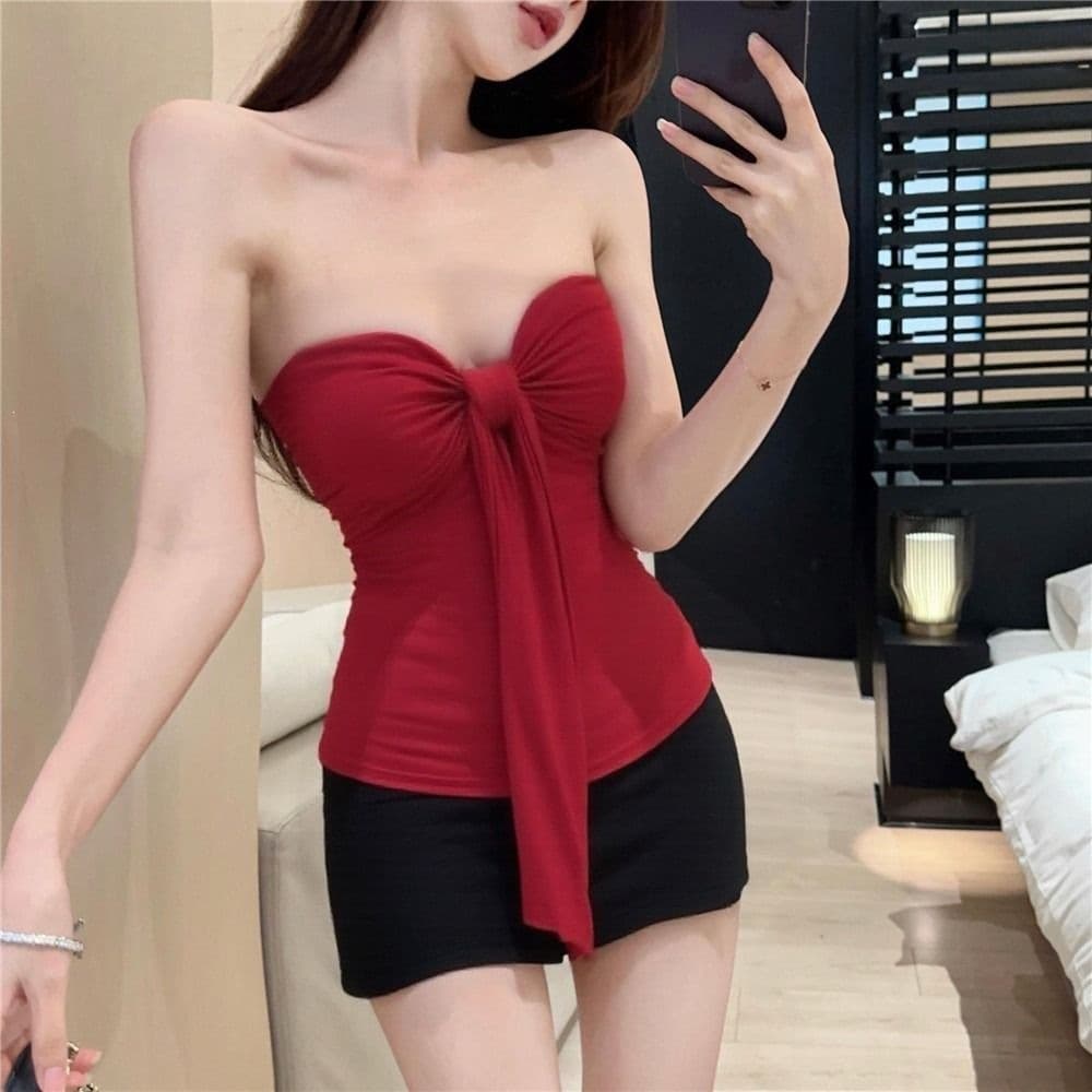 【1x1 Ice Silk Ribbed】Bow Tie Wrap Bustier Camisole Top for Women Summer Slim Fit Pure Sexy Tube Top
