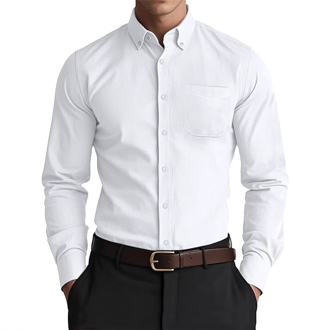 2026 Cross-border Men's Oxford Shirt, Solid White Long Sleeve Dress Shirt for Men