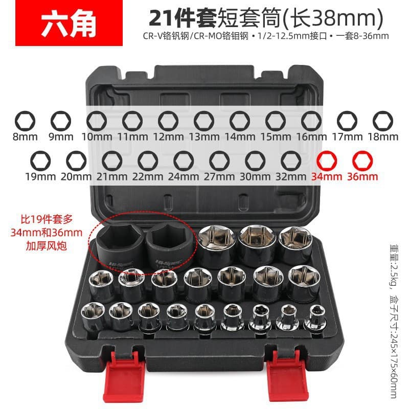 1/2" Hex Short Socket Set 20-Piece 8-32mm Chrome Plated 50# Steel Drill Socket Large Square Drive