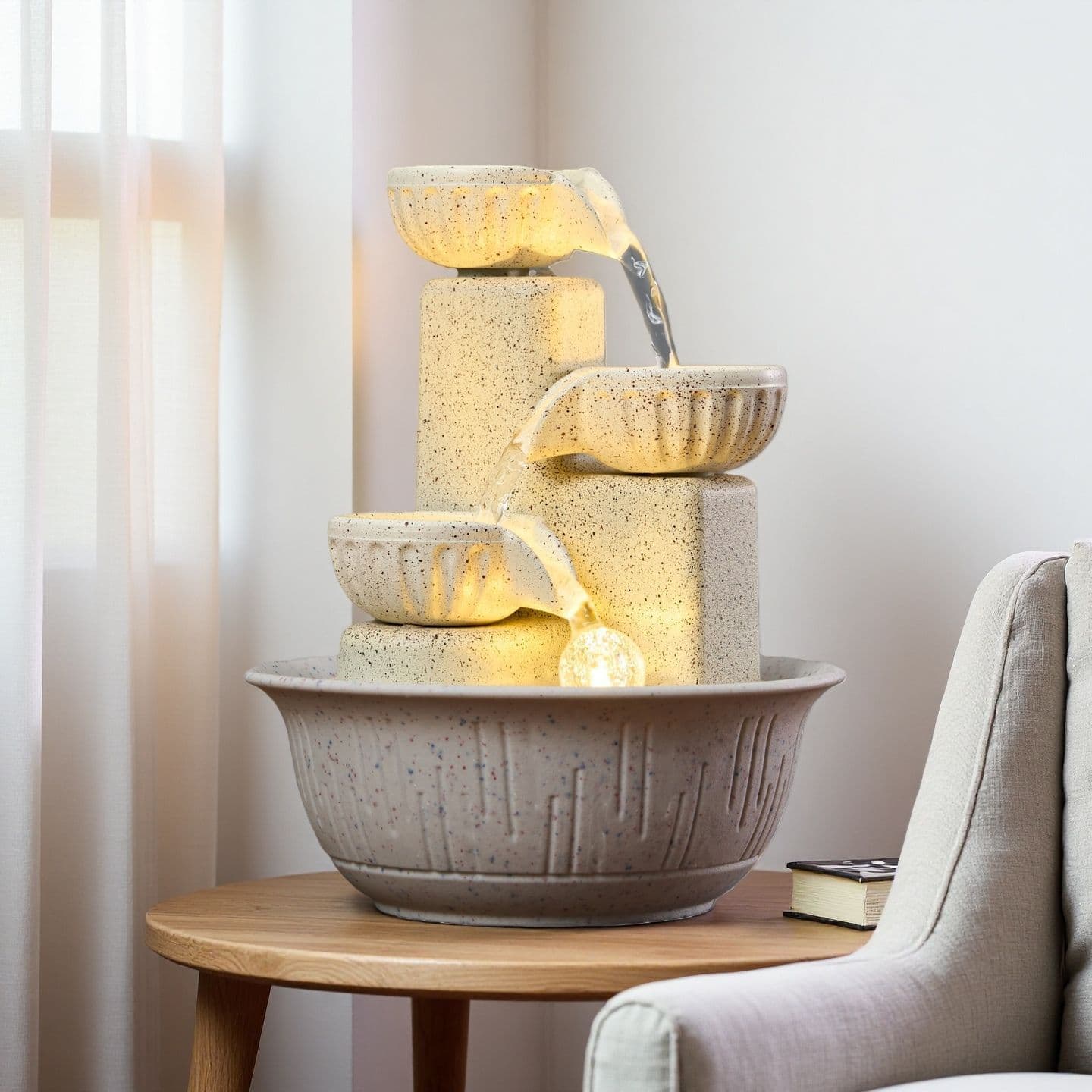 New Chinese Style Flowing Water Decoration with Light, Imitation Pottery Jar, Circulating Water Fortune Feng Shui Wheel, Gift for Business Opening, Housewarming, and Elders