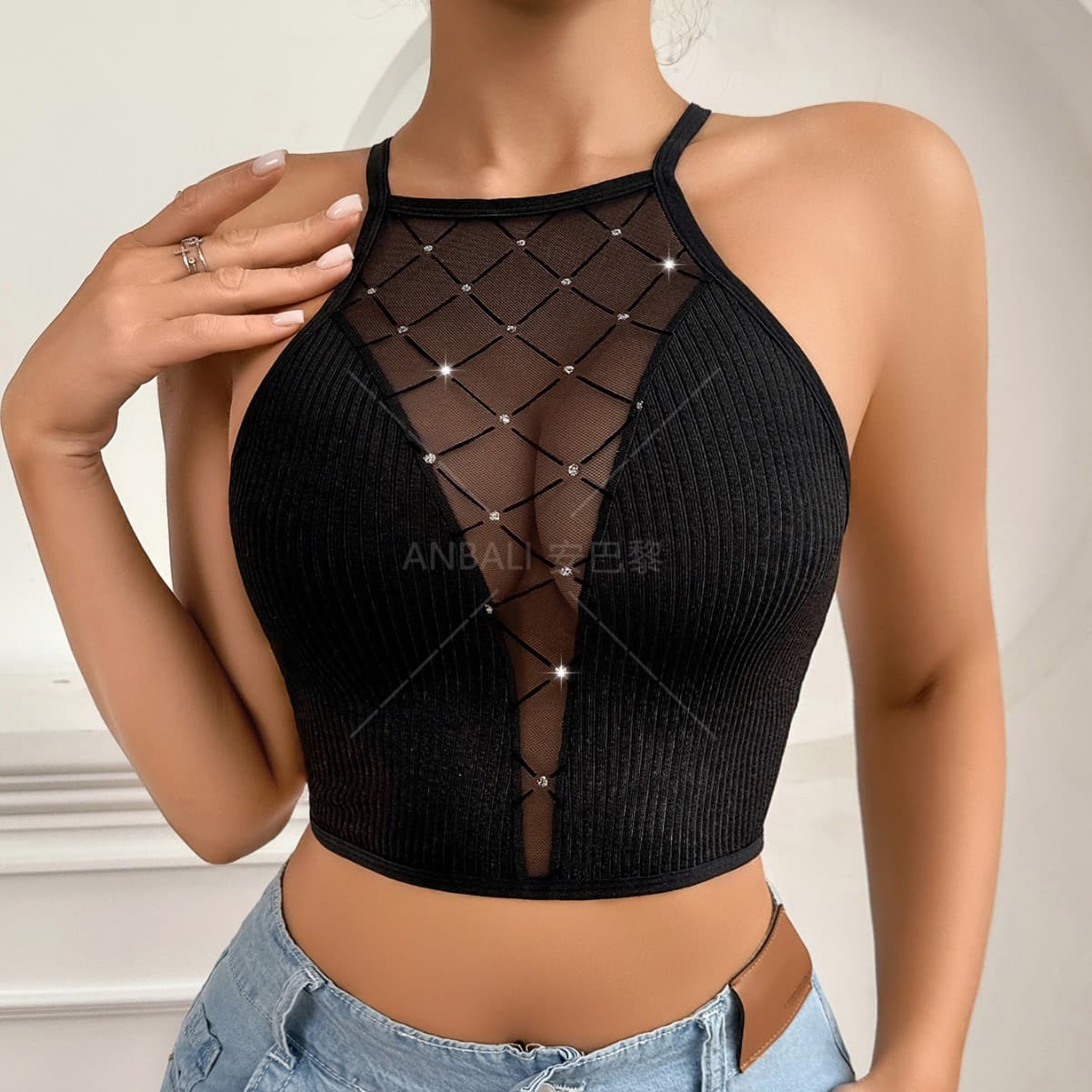 Cross-Border Exclusive Hit Sexy Deep V Starry Mesh Spliced Strappy Underwear Comfortable Ribbed Cross Beautiful Back Bra