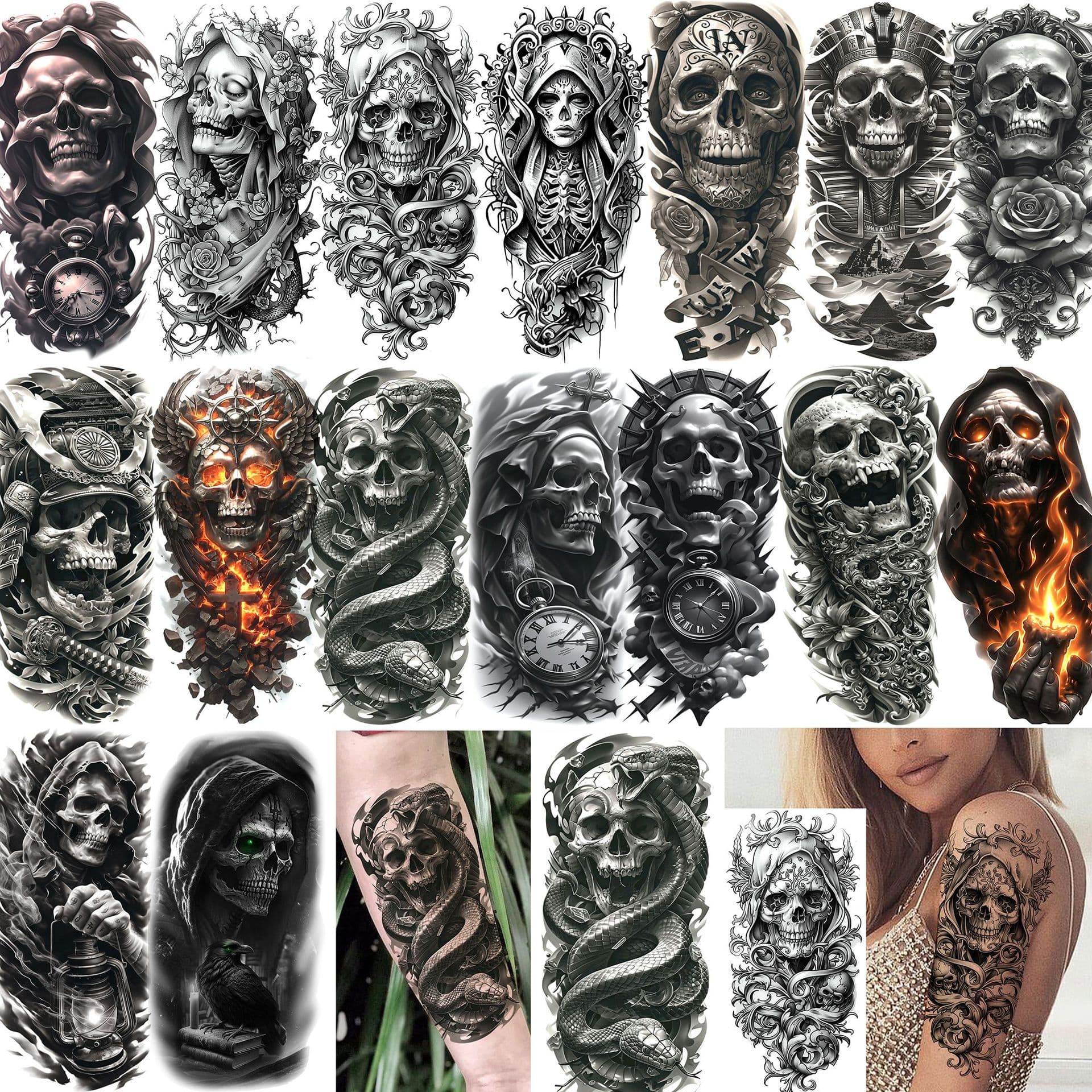 Novel Skull Halloween Temporary Tattoo Stickers, Cross-border Long-lasting Arm and Calf Tattoos, Amazon Europe and America Tattoo