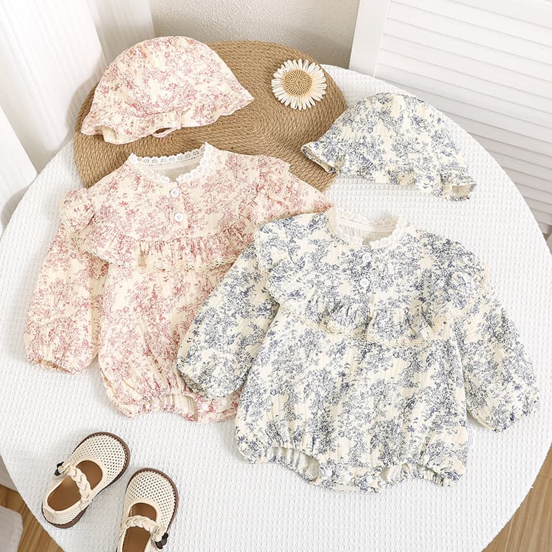 Fashionable Baby Clothes Pure Cotton Gauze Ink Painting Bodysuit Long Sleeve Baby Girl Triangle Snap Crotch Romper with Hat