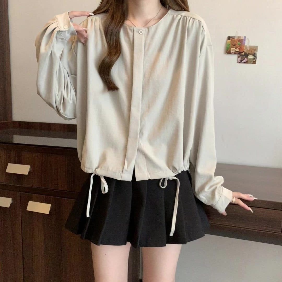 Plus Size Korean Style Age-Defying Temperament Long-Sleeved Shirt for Women, Early Autumn New Arrival, Loose Fit, Slimming Drawstring Single-Breasted Top