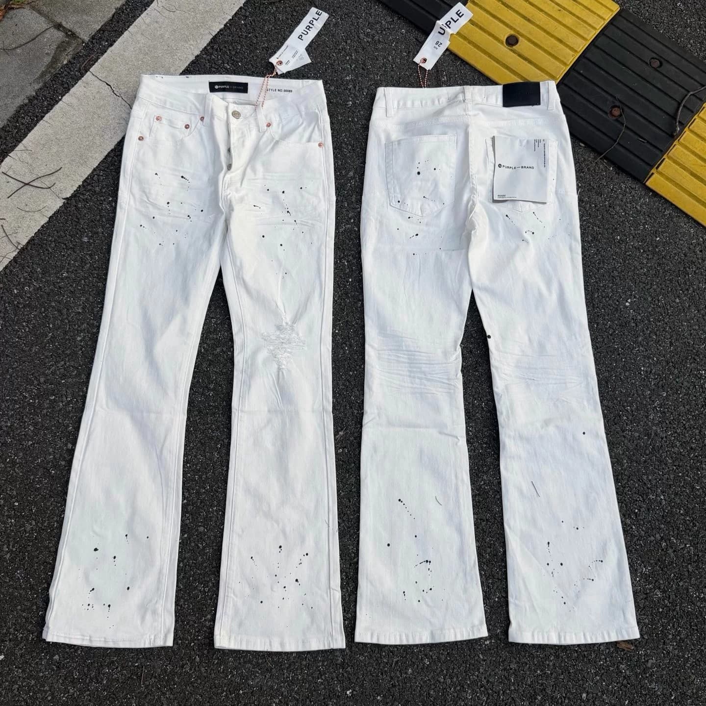 American Streetwear Spring Autumn New Retro High-Street Splatter Ink Ripped Washed Men's Women's Casual Stretch Micro Flare AM Jeans