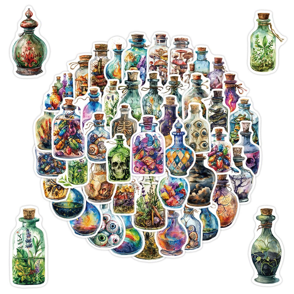 50 Witch Potion Bottle Graffiti Stickers, Waterproof Decals for Water Bottles and Computers, Witch Potion Bottle Stickers Wholesale
