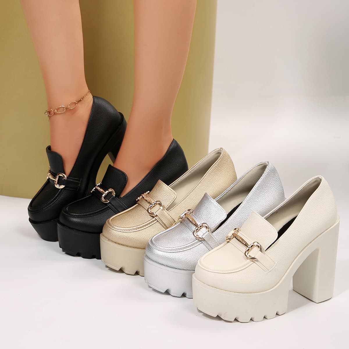 Cross-border British Style High Heel Oxford Shoes Plus Size 2025 Autumn New Chunky Heel Metal Chain Deep Mouth Women's Shoes