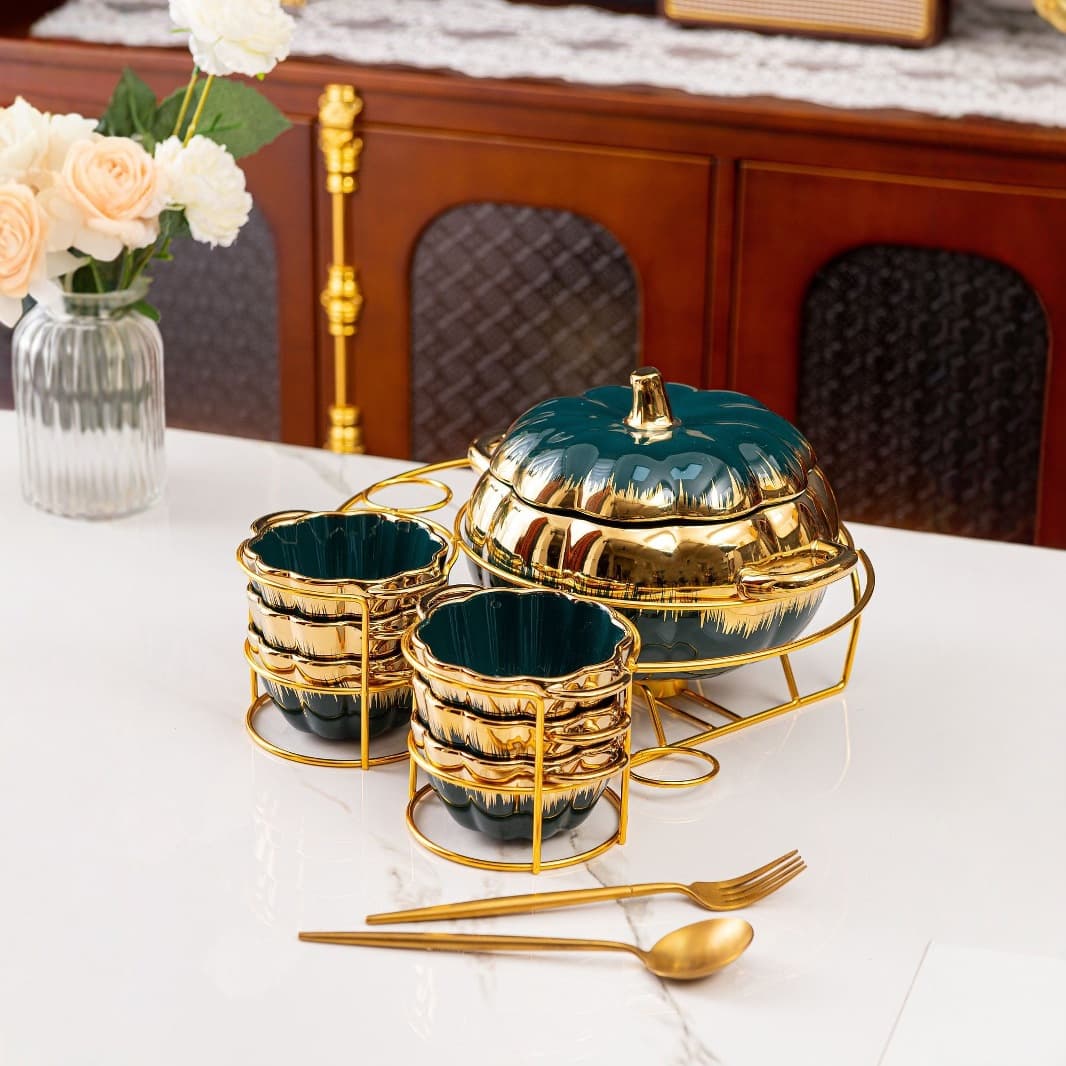 Pumpkin golden soup pot set pot cross-border pumpkin ceramic gold shelf gold rim pumpkin soup pot set