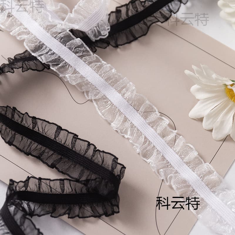2.5cm White/Black Knitted Elastic Double-Sided Elastic Headband with Frills and Decorative Lace - Supplier from Manufacturer