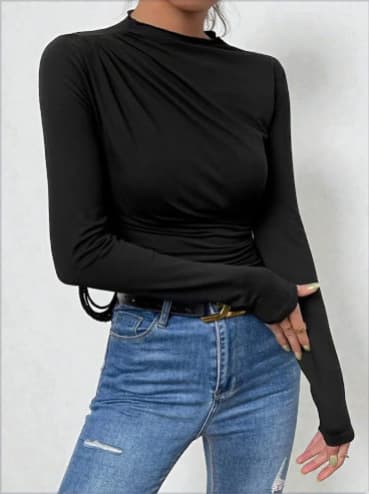 European and American Cross-border Bestseller Early Autumn Solid Color Crew Neck Slim Fit Base Top with Pleated Design Long Sleeve Women's Top