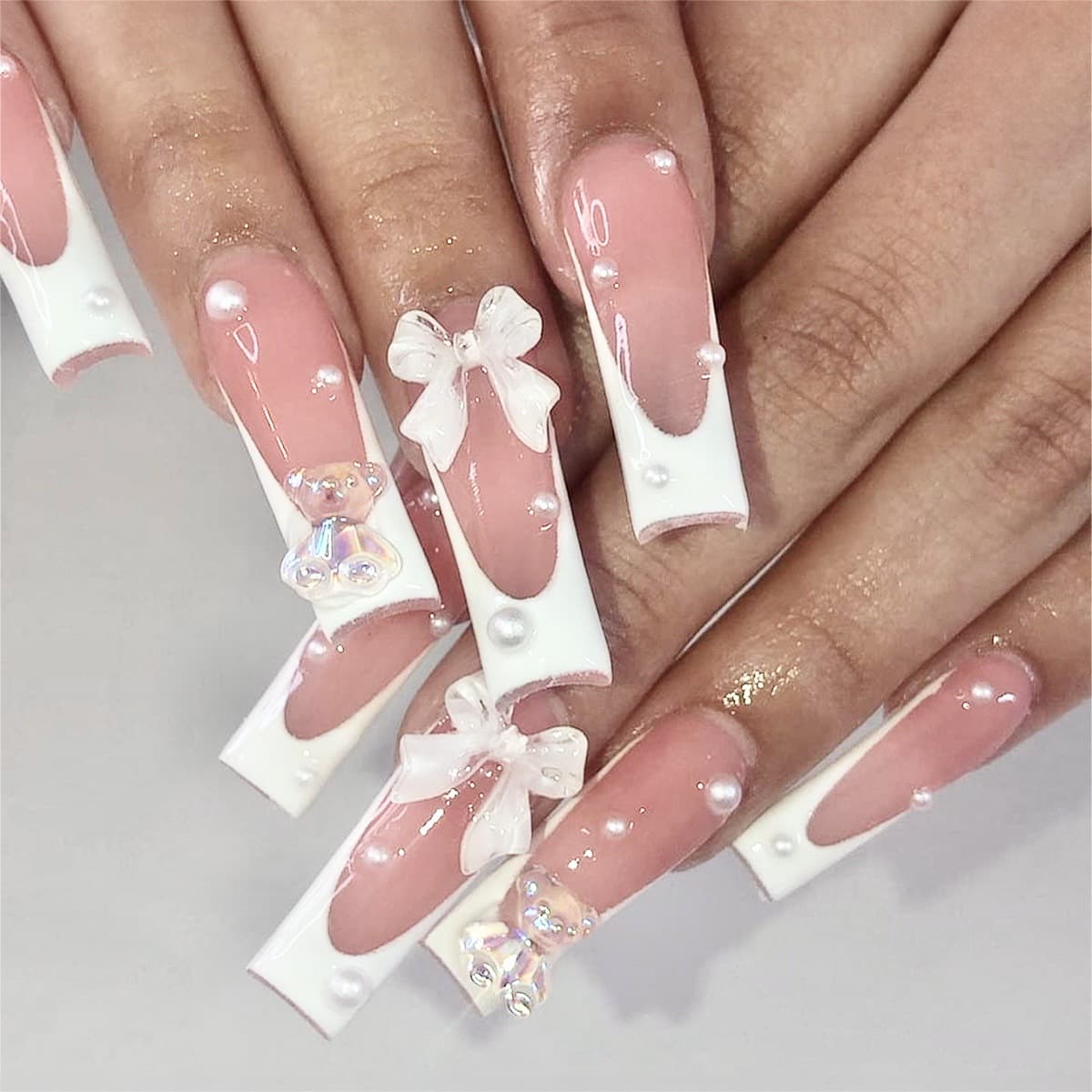 Cross-border Extra-long Water Pipe Wearable Nail French Style 3D Bear Bow Pearl Press On Nails