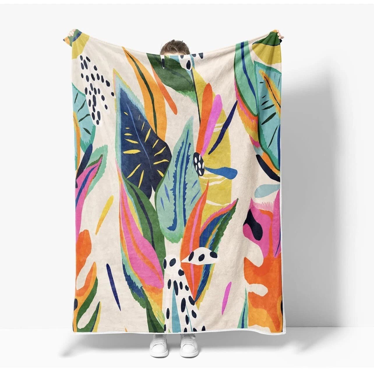 Abstract Colorful Tropical Leaf Digital Print Throw Blanket, Flannel Office Shawl Blanket, Pet Mat, Bulk Order Available