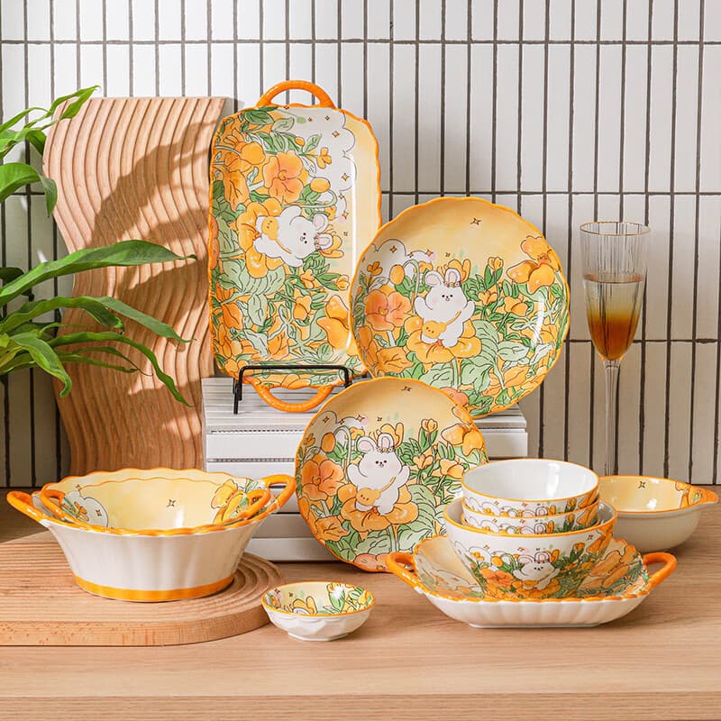 Ceramic Tableware Underglaze Cute Rice Bowl Large Soup Noodle Bowl Salad Bowl Double-Handle Fish Plate Creative Cartoon Rice Bowl