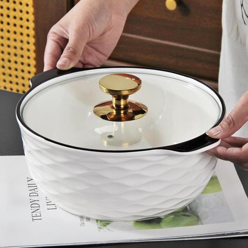 Double-Ear Soup Bowl Set, High-Appearance Ceramic Tableware with Lid, Large Bowl Set, 5-Piece, New Large Size, Pickled Fish Basin