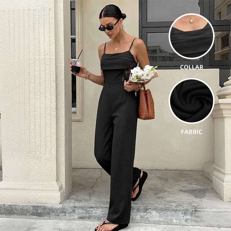 2026 Spring/Summer New Lace Patchwork Sheer Jumpsuit European and American Cross-Border Solid Color Fashionable Mature Style Jumpsuit
