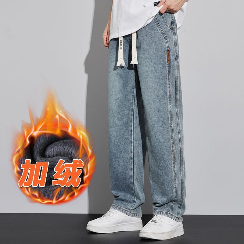 Autumn/Winter Men's Jeans, Loose Straight-Leg American Wide-Leg Casual Pants, Fleece-Lined Thickened Elastic Waist Trendy