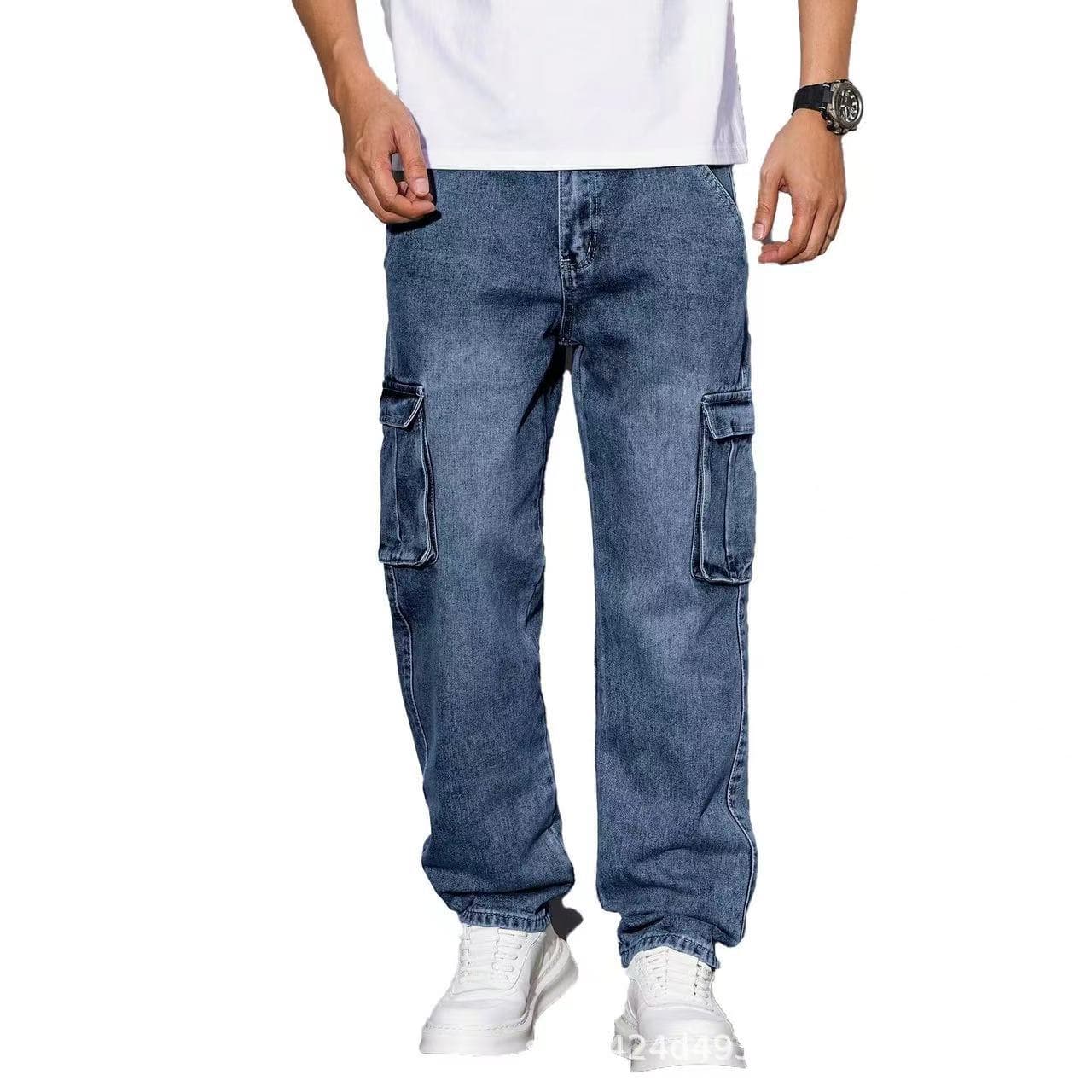 American high street handsome ins retro multi-pocket work jeans spring and autumn loose straight casual trousers