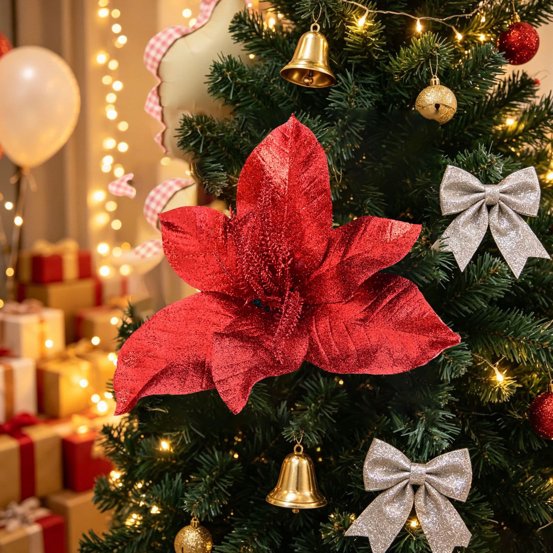 30cm red Christmas flower gold pink flower Christmas tree decoration cuttings cross-border simulation plastic home decoration Amazon