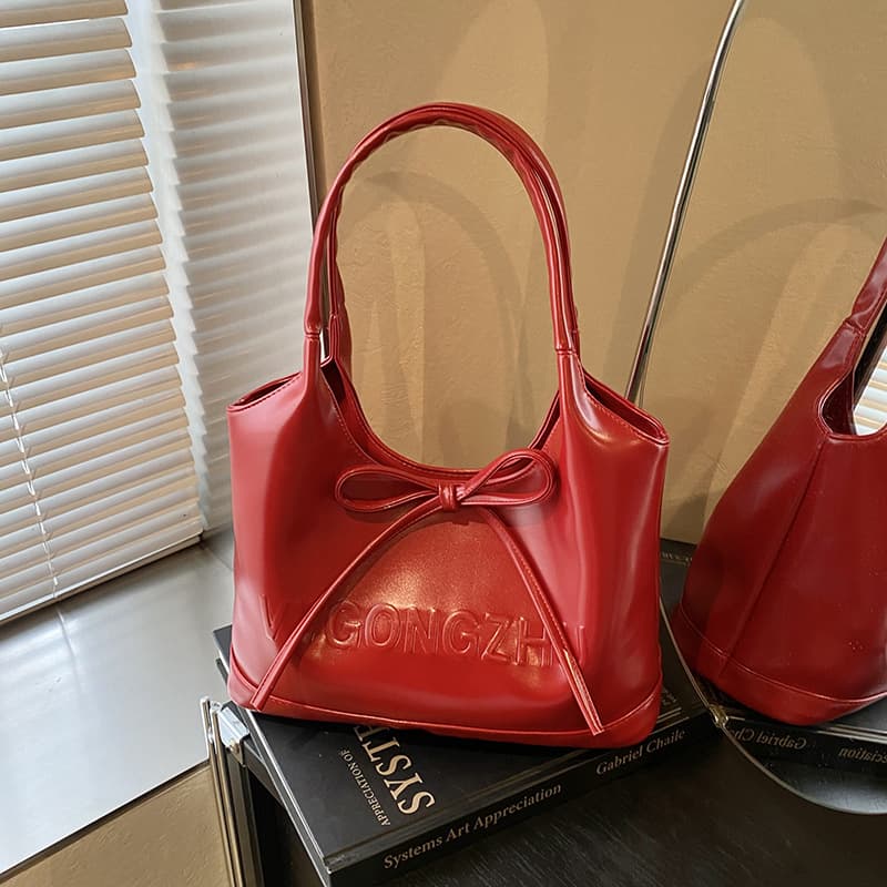 Versatile Bow Underarm Bag for Women 2026 New Fashion Waxed Leather Commuter Bag ZARA Style Tote Bag