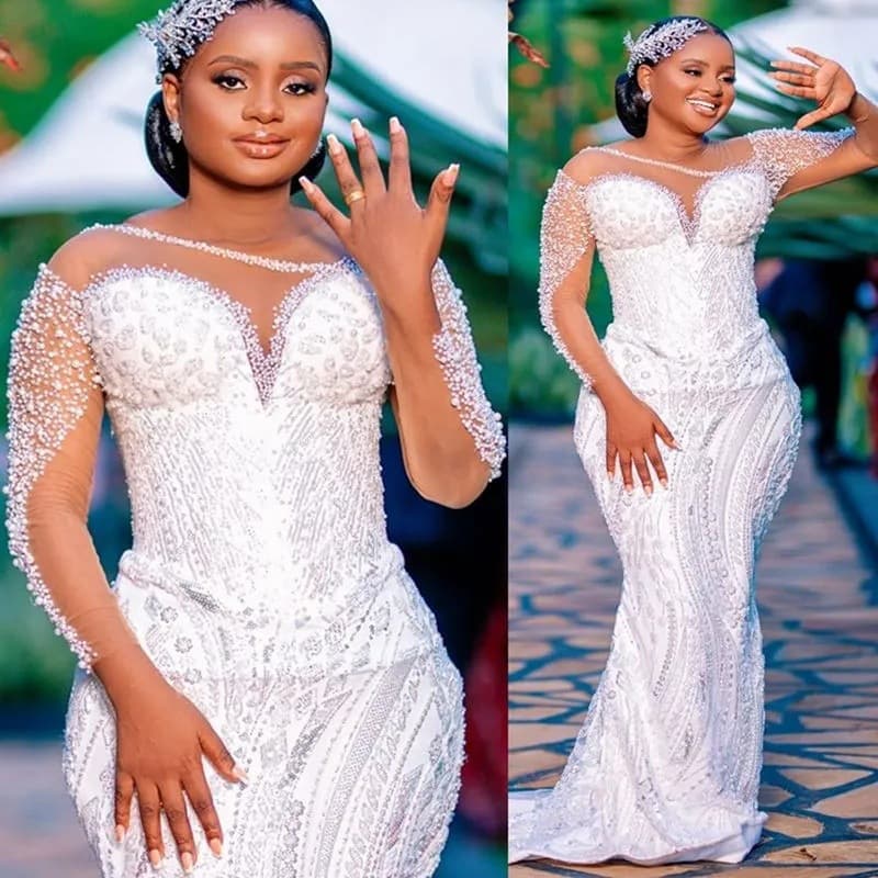 Foreign trade fishtail wedding dress white lace beading European style wedding dress long skirt outdoor lawn photo studio photo