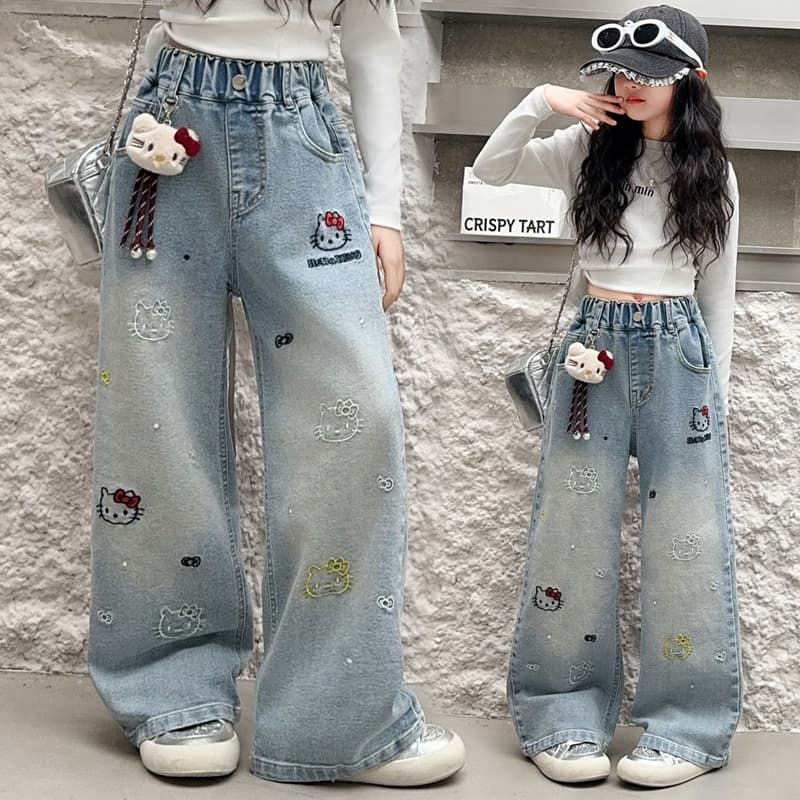 Girls Hello Kitty Cat Denim Jeans 2026 Spring Autumn New Middle and Big Child Girl Fashion Cartoon Wide Leg Pants