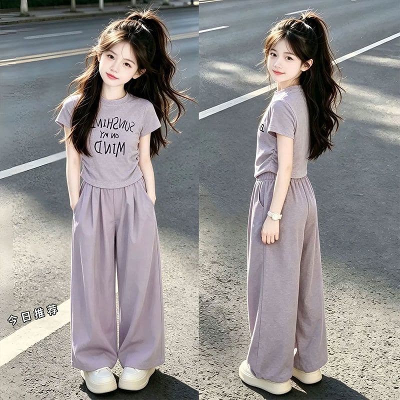 Middle and large children's summer fashion suit 2026 new style girls' junior high school students' stylish letter printed short-sleeved wide-leg pants trendy