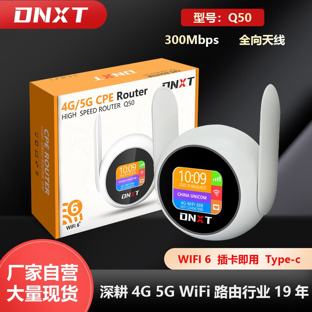 Mini portable 4G router with SIM card slot, WiFi 6, RJ45 port, and foldable antenna.