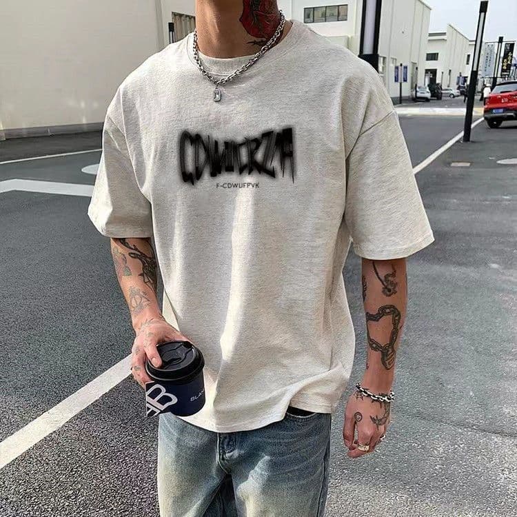Cotton Letter Print American Retro Summer Round Neck Short Sleeve T-Shirt for Men, Loose Casual White Gray Top