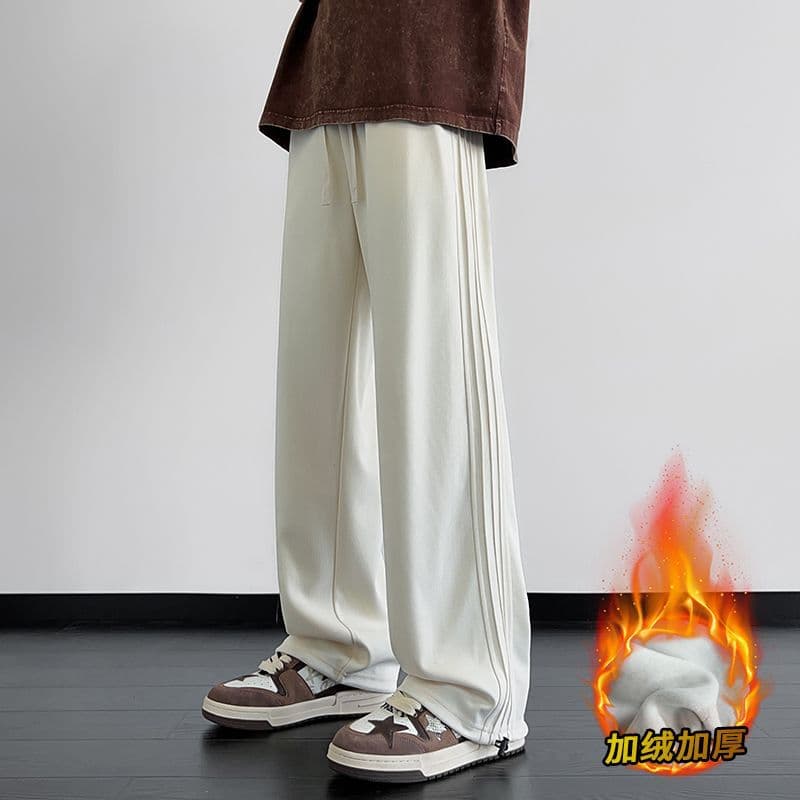 American Hip-Hop White Pants for Men Premium Feel Autumn/Winter Fleece-Lined Thickened Striped Casual Sports Long Pants for Teens