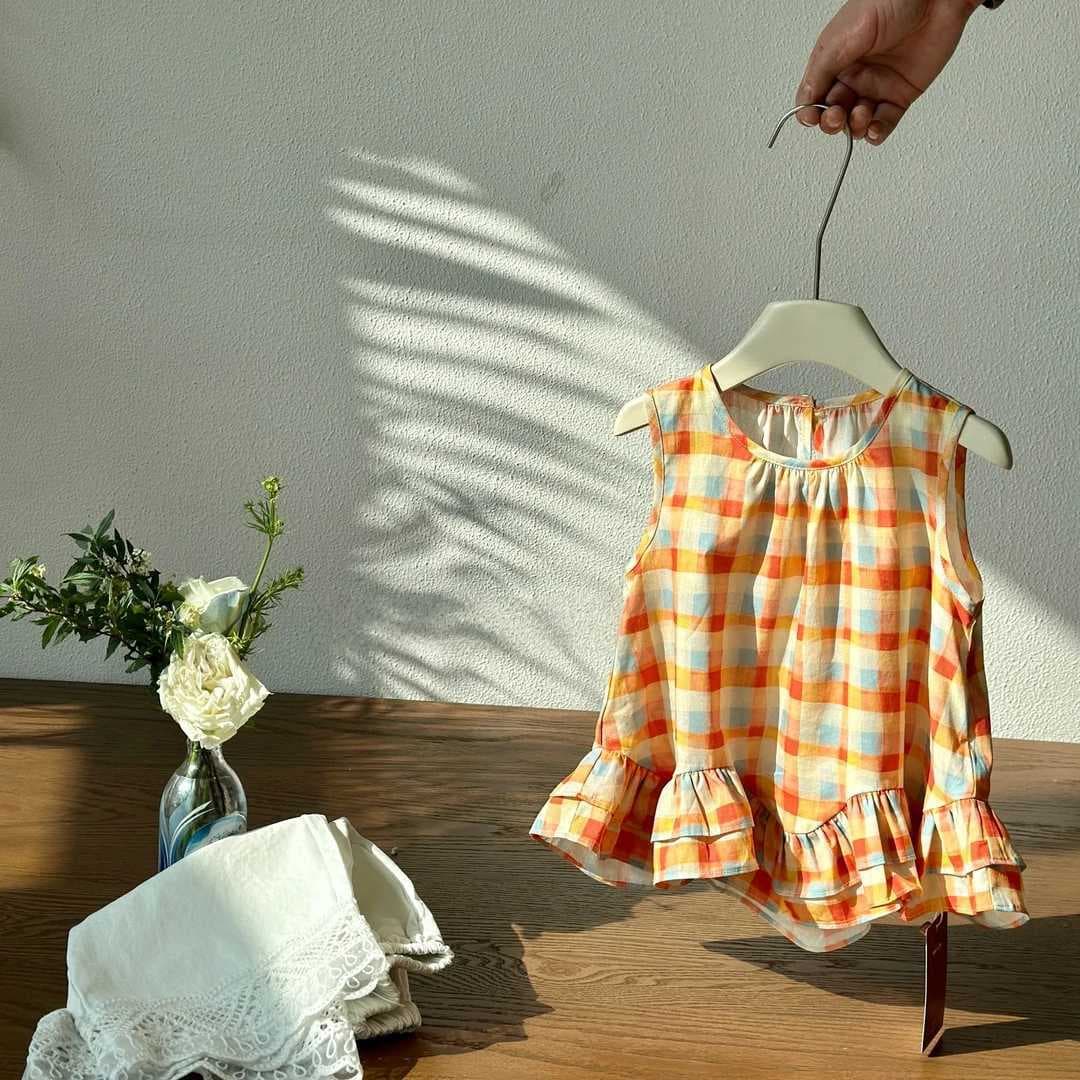 Sweet little girl girl's shirt summer cotton rainbow plaid bow shirt infant girl super fashionable top trendy