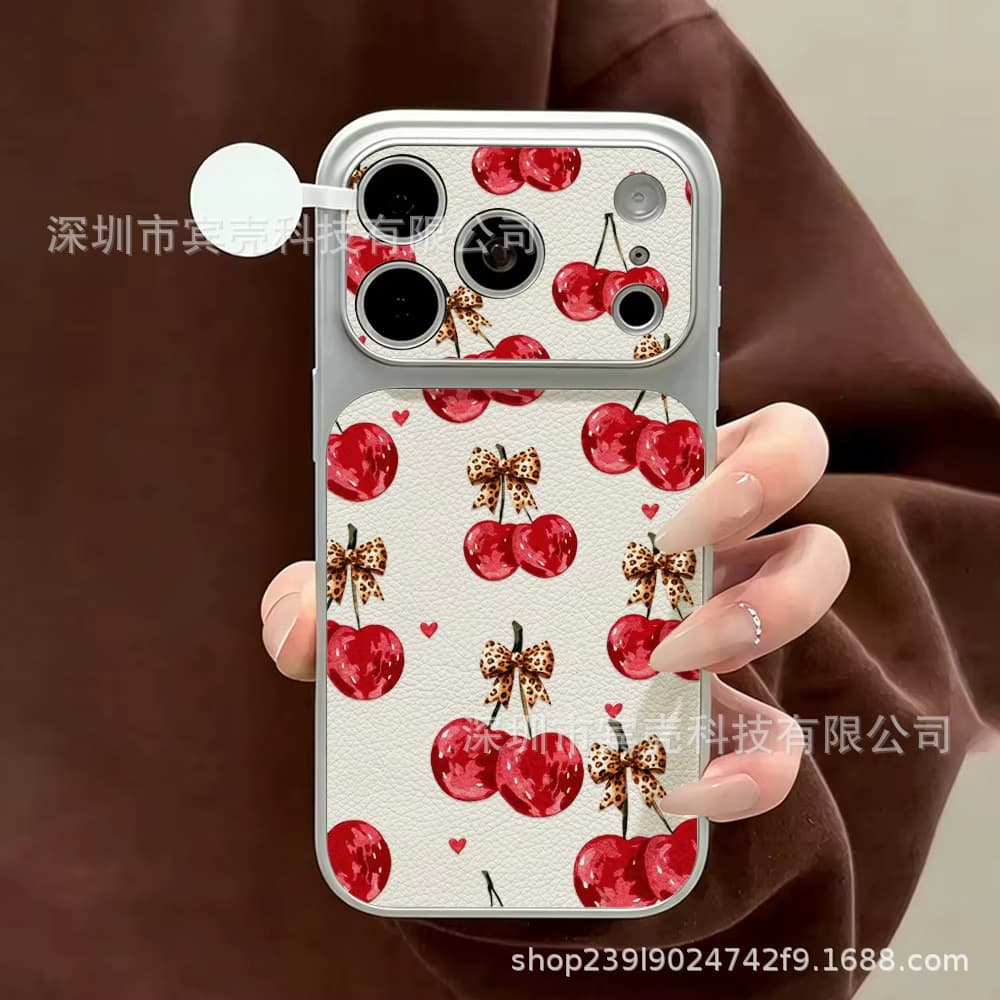 Cherry Bow Phone Case for iPhone 17, 16 Pro Max Large Window, 15 Leather-Look, 13 Shockproof, 12 Protective