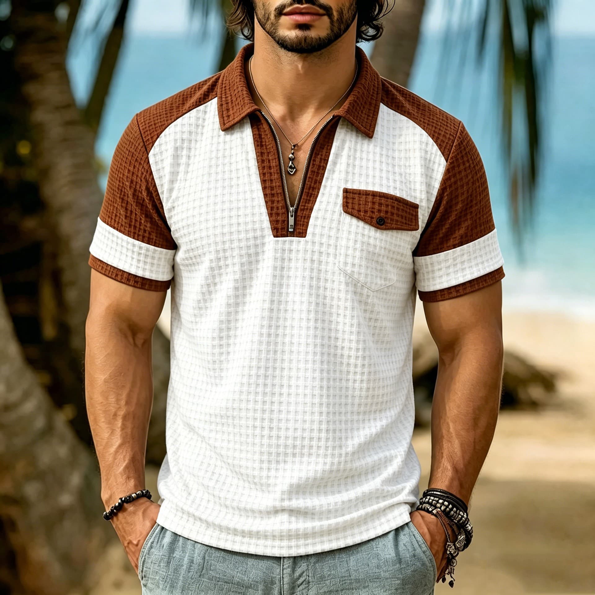 Cross-Border Summer New Men's Color-Block Polo Shirt Short Sleeve Turn-Down Collar Zipper Pocket Casual Sports Polo Shirt Men's Clothing