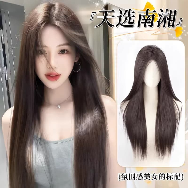 Women's Full Head Wig, Realistic Human Hair-Like, Seamless, Fluffy, Black Long Straight, Lightweight, Middle Parting, White Moonlight Wig