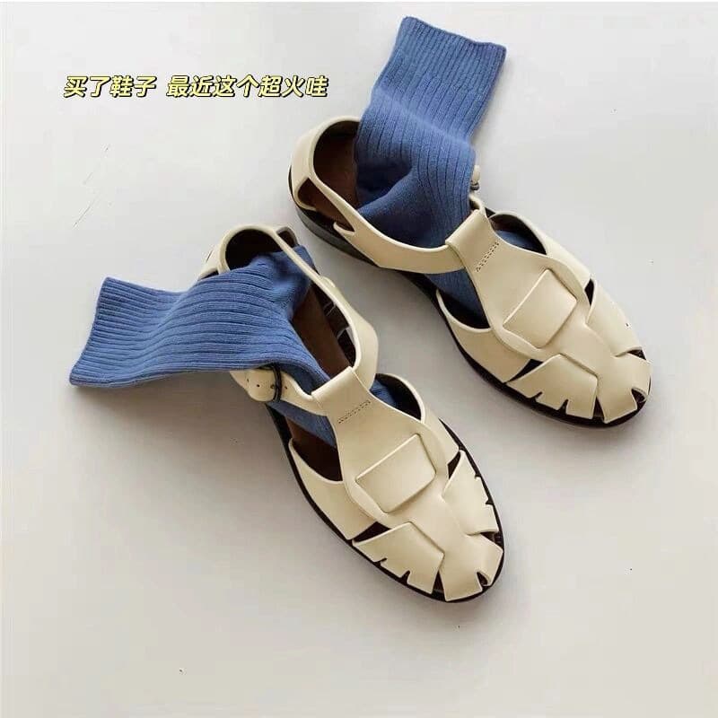 Sheepskin Korean Genuine Leather Woven Flat Roman Sandals for Women Summer Closed-Toe Back Strap Ladies Slide Sandals