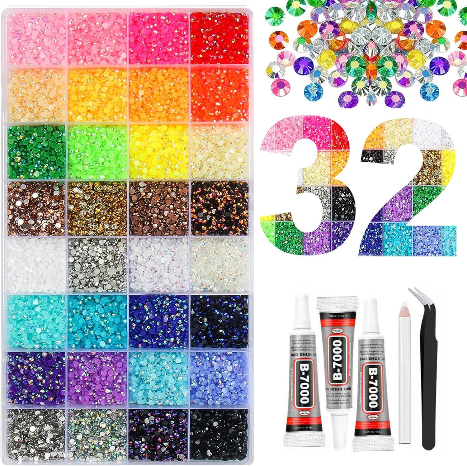 Amazon Hot-Selling 24-Color Resin Rhinestone Set, Full Set of AB Rhinestones for Nail Art, Handmade DIY Flat-Back Resin Rhinestones Mixed Colors