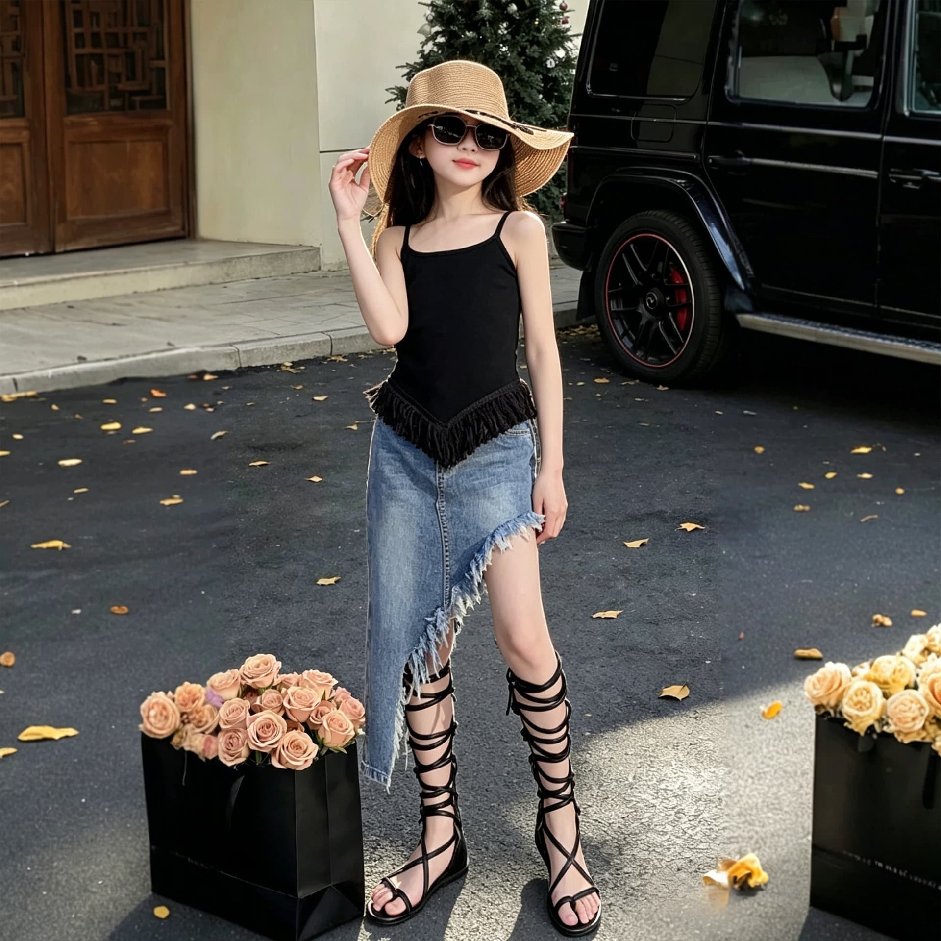 Summer girls denim skirt 2026 new fashionable girls Korean style medium and large children's trousers denim oblique skirt cross-border