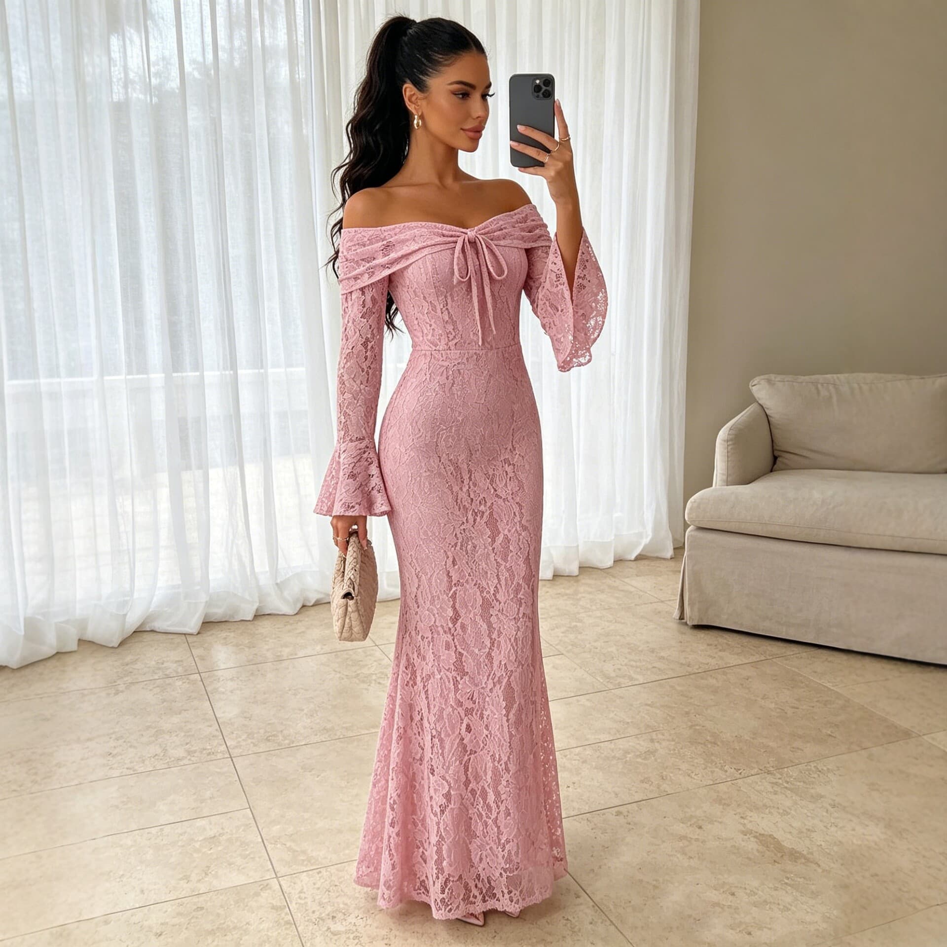 European and American Autumn/Winter New Foreign Trade Women's Amazon Off-Shoulder Long Sleeve Lace Dress Lace Slim Fit Dress