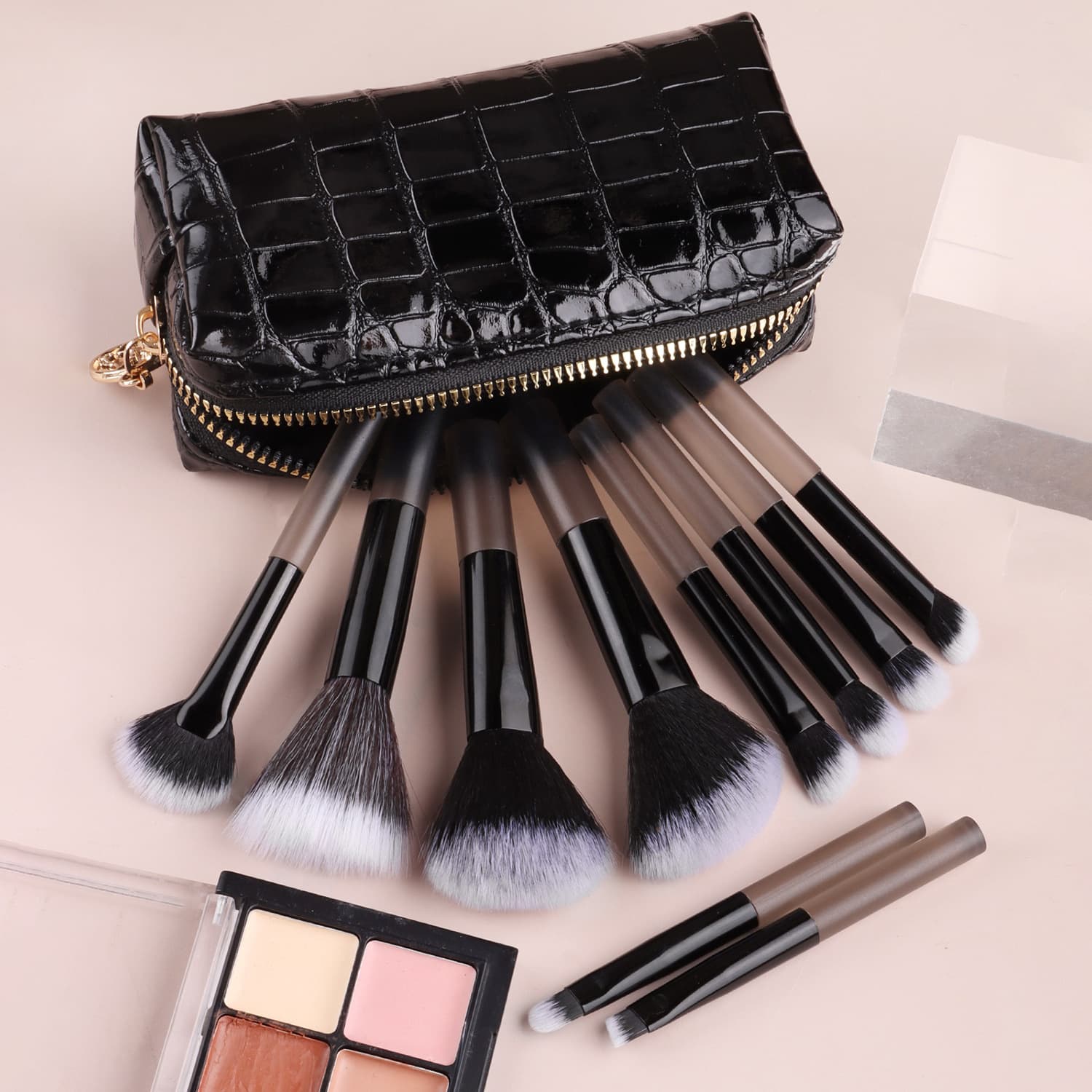 10pcs Mini Transparent Handle Makeup Brushes with Crocodile Pattern Zipper Brush Bag, Powder Blush Eyeshadow Concealer Brushes
