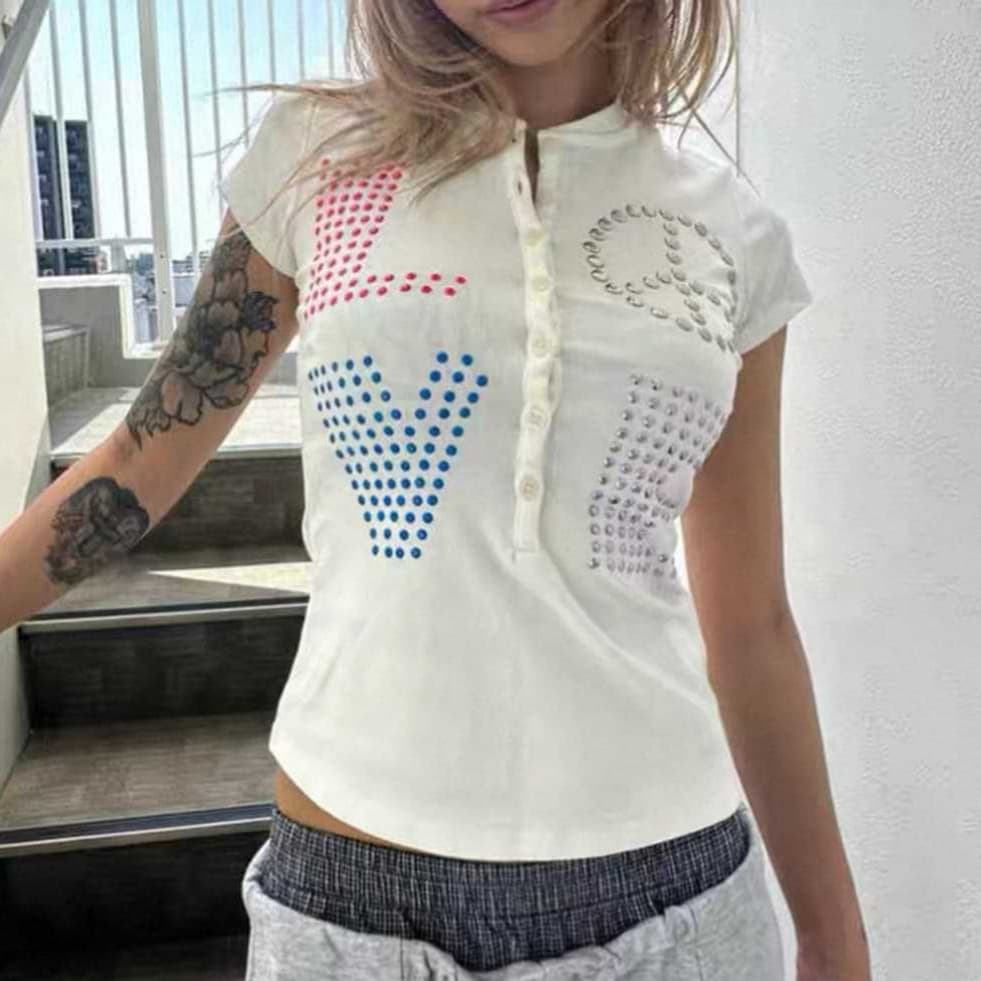 Y2K American-style Dopamine Letter Rhinestone Short Sleeve Fitted T-Shirt Summer High Street Casual Top