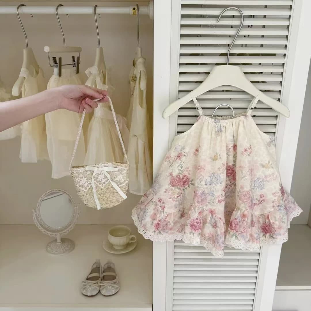 【Tian Xiaosi】Original Design Girl Pink Flower Dress Baby Summer Floral Print Strapless Dress Big Swing Dress Trendy