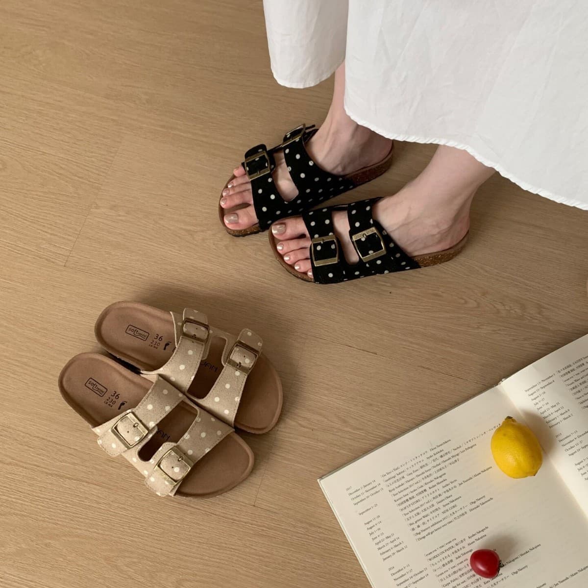 Korean Polka Dot Buckle Birkenstock Sandals for Women, 2026 Summer New Thick Sole Versatile Open-Toe Slide Sandals