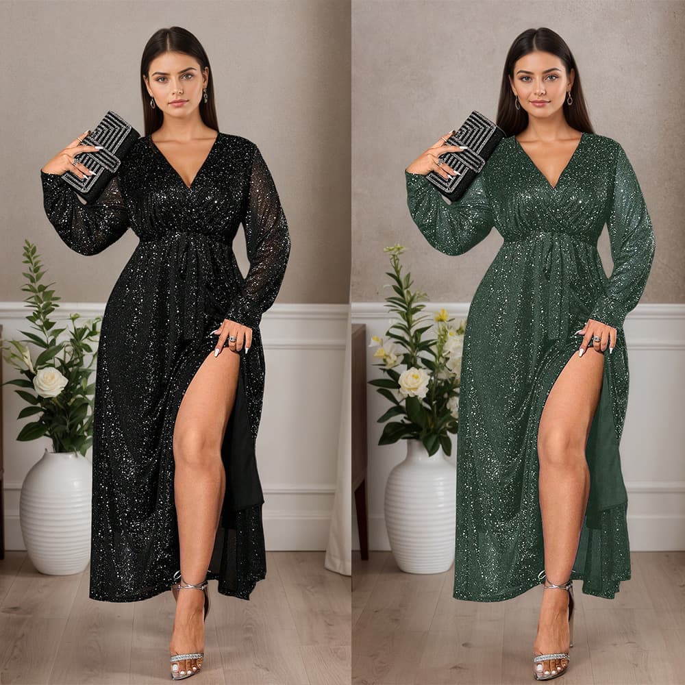 European and American cross-border Amazon large size sequin evening dress V-neck long-sleeved waist slit light luxury temperament dress