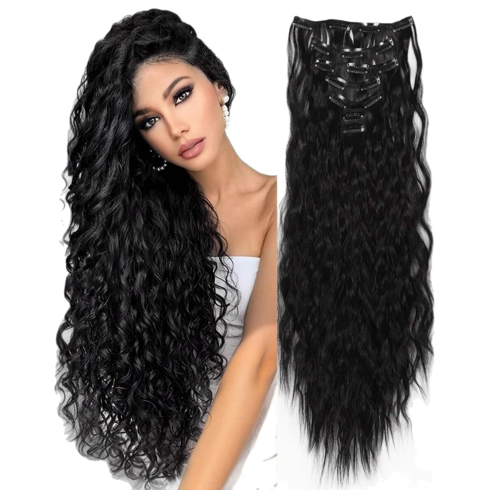 Women's European and American Style Long Curly Water Wave Clip-In Hair Extensions, 7-Piece Set with Cornrows, Synthetic Fiber Hair Extensions