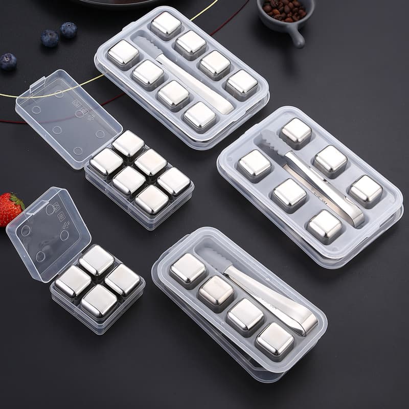 304 Stainless Steel Whisky Metal Ice Cubes with Tongs Set, Bar Beer Quick-Freeze Ice Pellets, Frozen Drink Stones