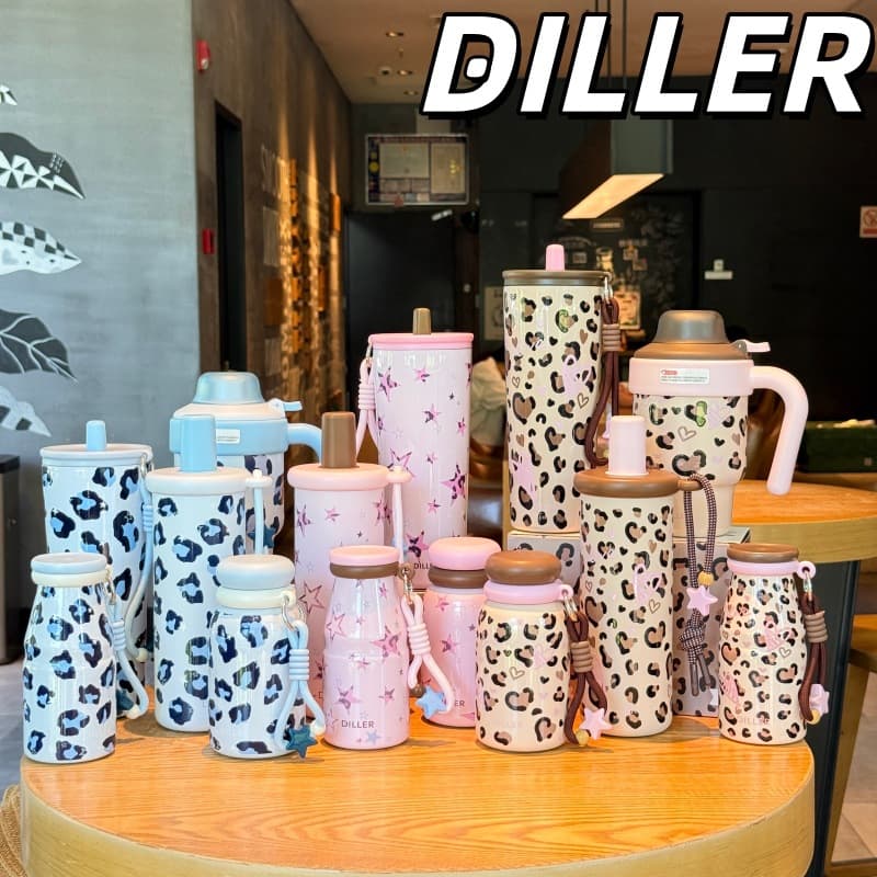 Diller Leopard Print Insulated Cup 316 Stainless Steel Portable Straw Cup Women's High-Aesthetic Water Bottle with