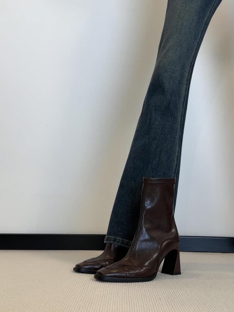 Sheepskin version~ Vintage elegant chunky heel high heel slim boots 2025 new fashionable versatile square toe short shaft small bare boots