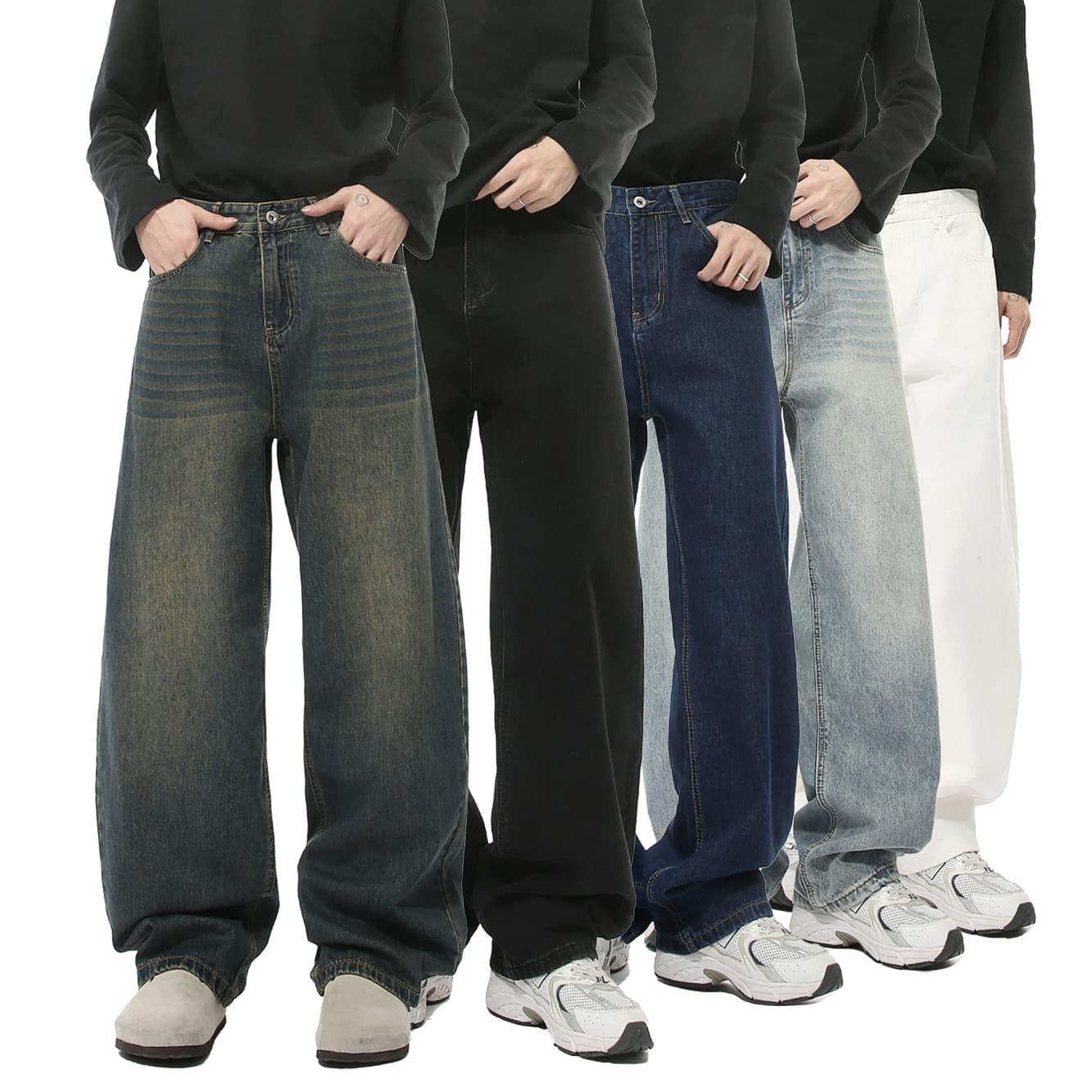 MTLCLOTHES Men's Clothing|Multicolor American Retro Distressed Washed Scimitar Jeans Casual Wide Leg Pants